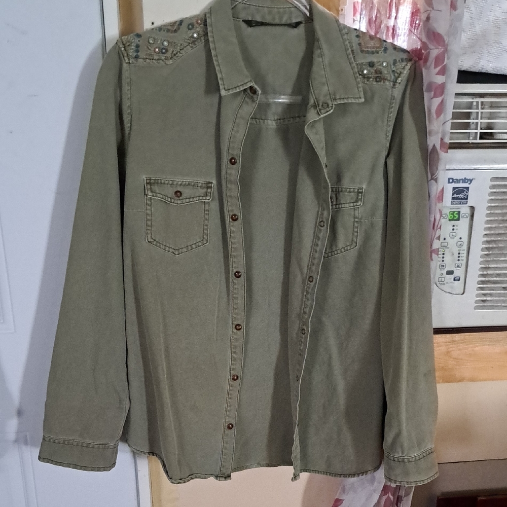 Zara Olive Green Jean Jacket with Studded Shoulders
